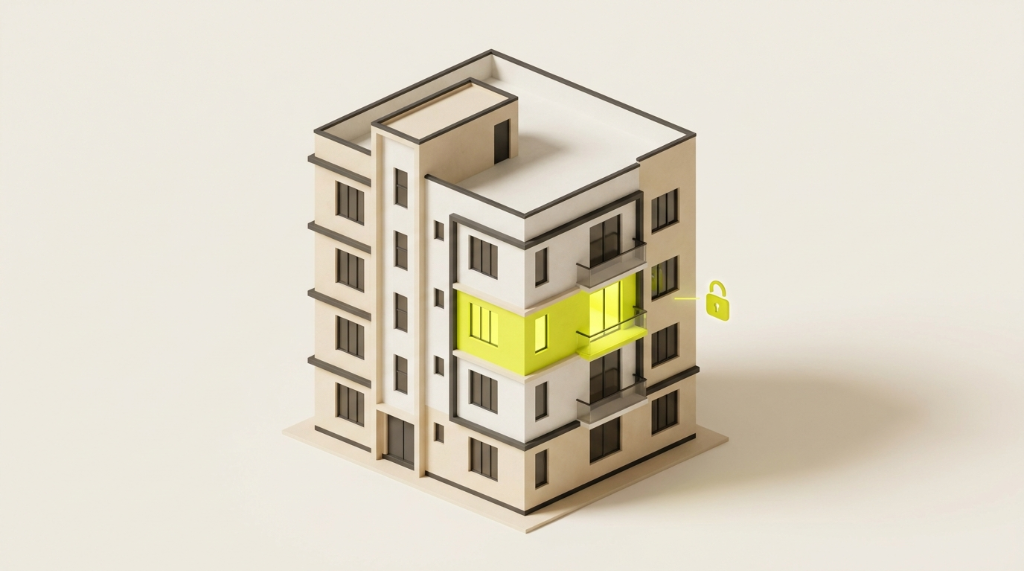 Clay-render apartment tower — the glowing unit is a signed deposit record